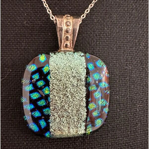 PENDANT ~ Women’s square blue, green, w/ silver tones statement piece pendant.